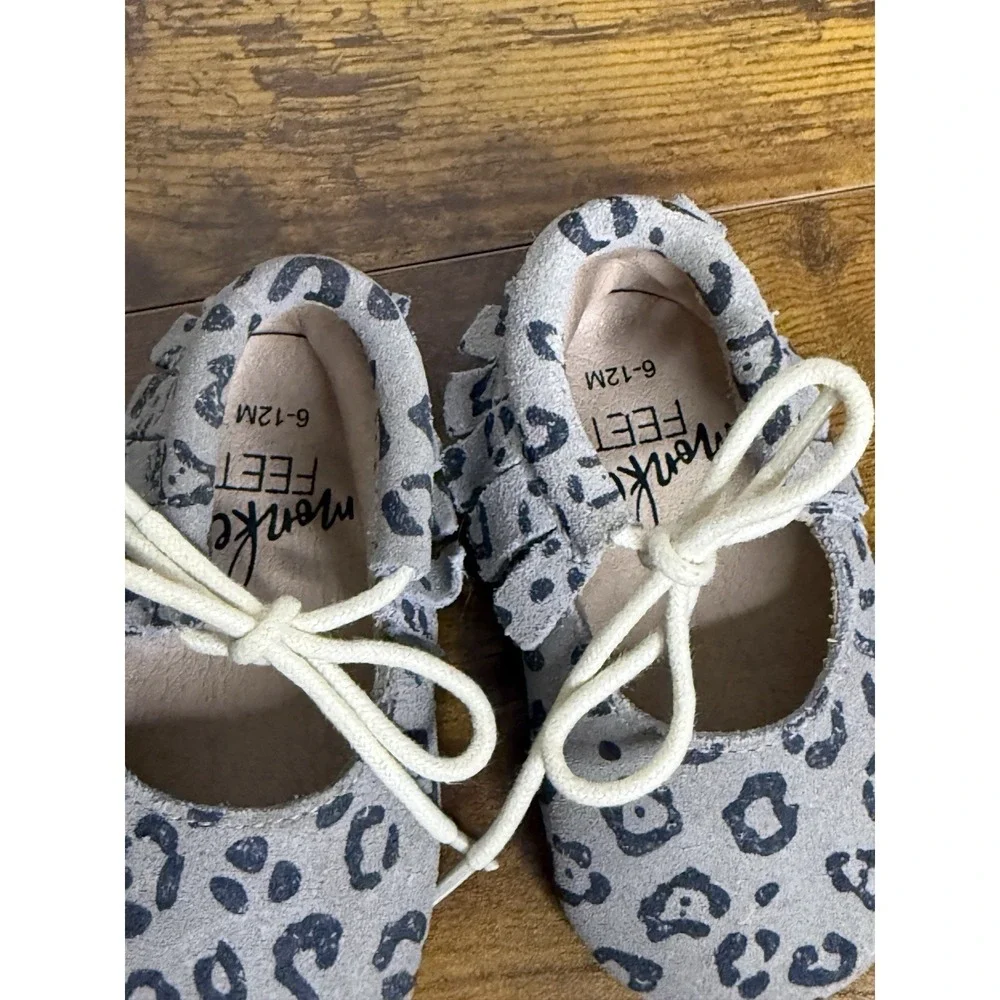 Monkey Feet Infant Gray Leopard Cheetah‎ Tie Moccasins 6-12 Months Baby Girl